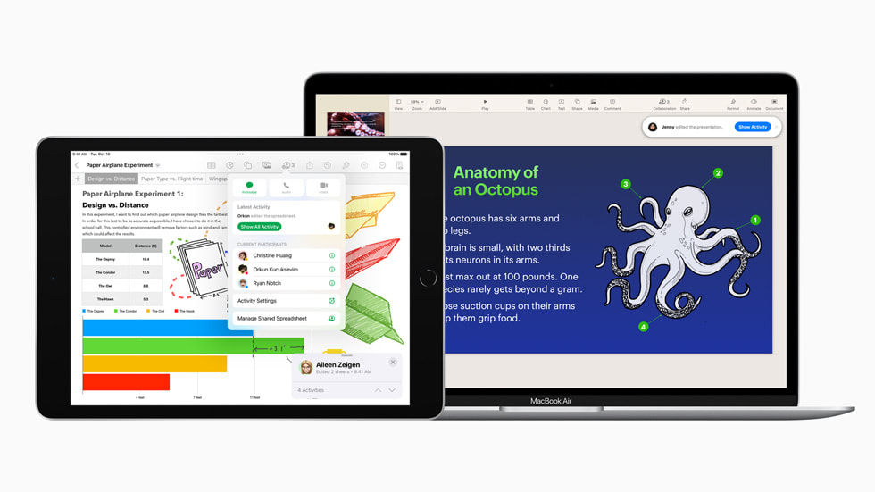 New collaboration updates and features to Pages and Keynote on iPad and MacBook Air.