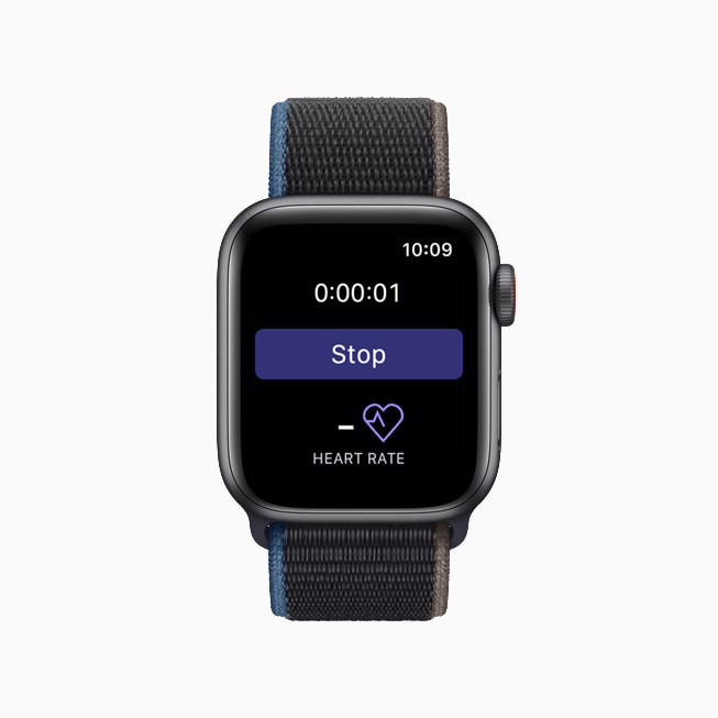 Apple Watch z widocznym przyciskiem zatrzymania w aplikacji NightWare.