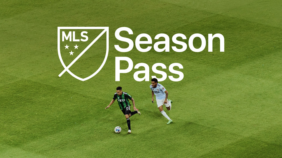 The MLS Season Pass logo on an image of two soccer players on field. 