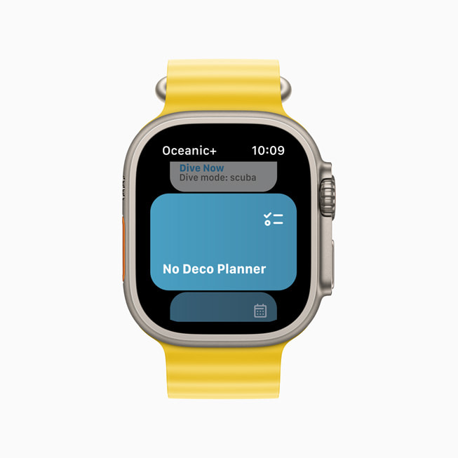 Dykarens direktuppstigningstid visas i appen Oceanic+ på Apple Watch Ultra.