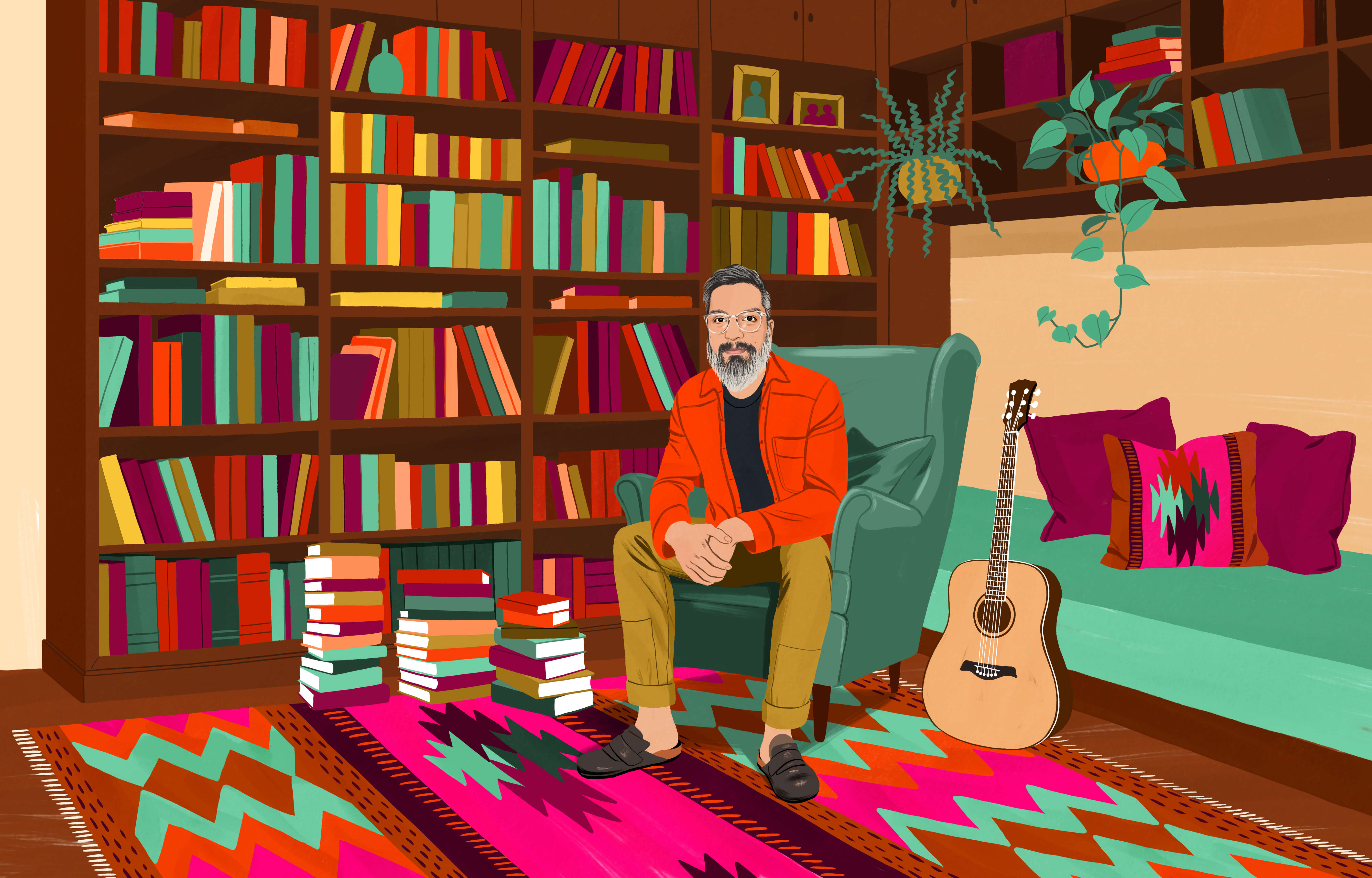 JP sedící v ušáku, obklopený spoustou knih v knihovnách i ve vysokých stozích na podlaze. Na podlaze leží tradiční čilský koberec s barevným vzorem. Na dosah ruky je akustická kytara.