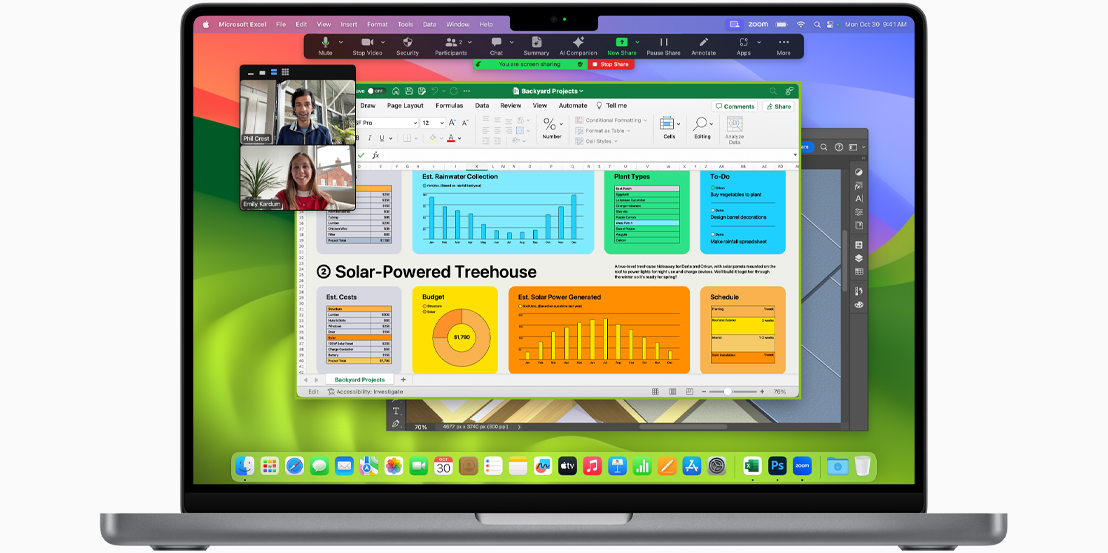 Ecrã do MacBook Pro com as apps Facetime, Microsoft Excel e Adobe Photoshop.