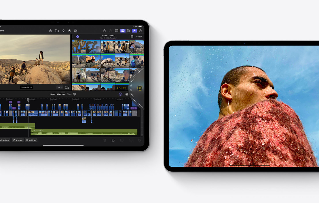 Imagen de dos iPad Pro con las apps Final Cut Pro 2.0 y Fotos.