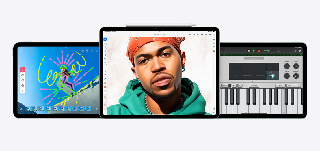 Imagen de un iPad y dos iPad Air con las apps FlipaClip, Adobe Fresco y GarageBand.