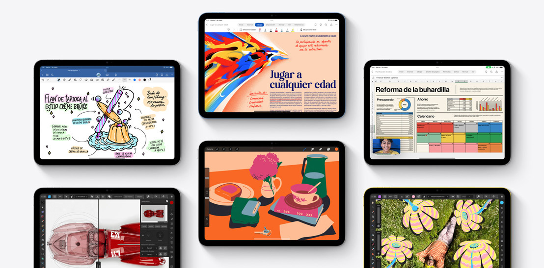 En seis iPad se muestran diferentes apps, como Goodnotes 6, Affinity Designer 2, Microsoft Word, Procreate, Microsoft Excel, WebEx y Affinity Photo 2.