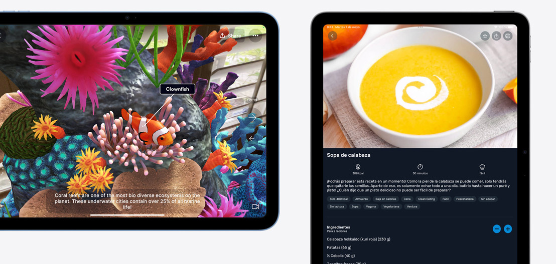 Imagen de un iPad y un iPad Air donde se muestran las apps Jigspace y Kitchen Stories.