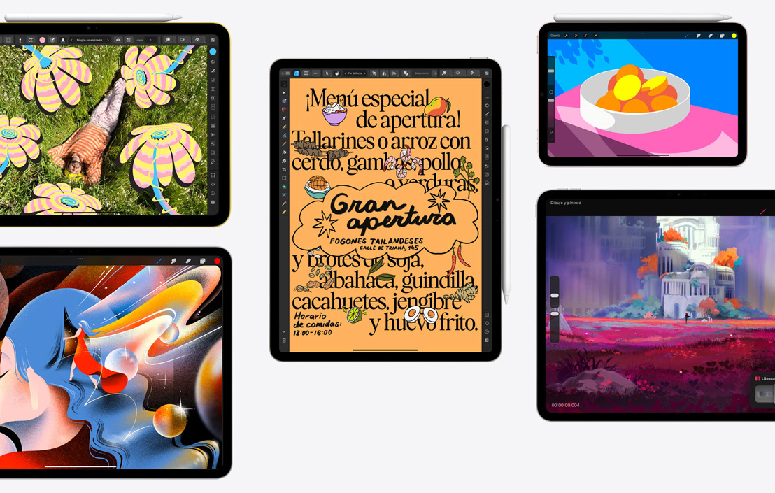 En cinco iPad se muestran diferentes apps, como Affinity Photo 2, Procreate, Affinity Designer 2 y Procreate Dreams.