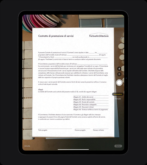 Un iPad Pro in verticale, il display mostra la scansione di un documento