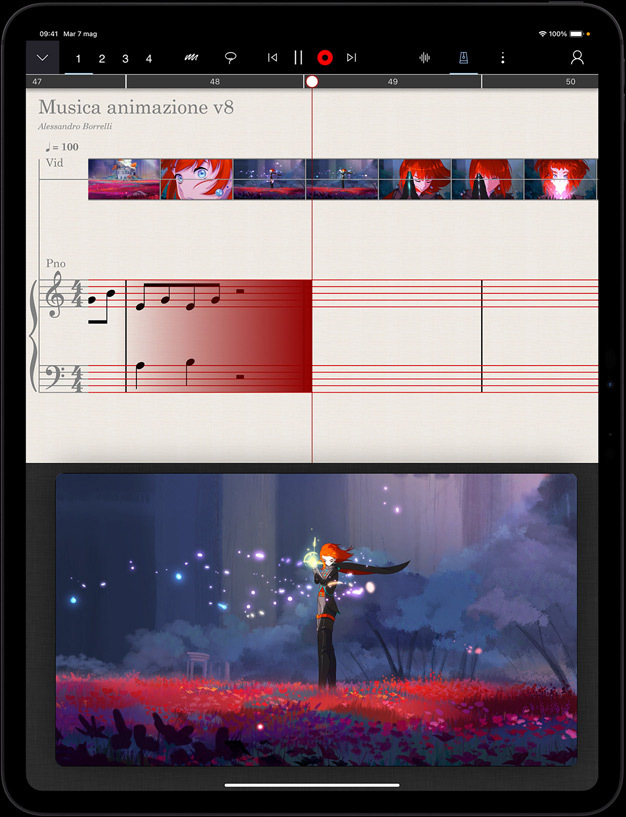 Un iPad Pro in verticale, sulla metà inferiore del display c’è un’animazione, e sulla metà superiore c’è lo spartito della musica composta per accompagnare l’animazione