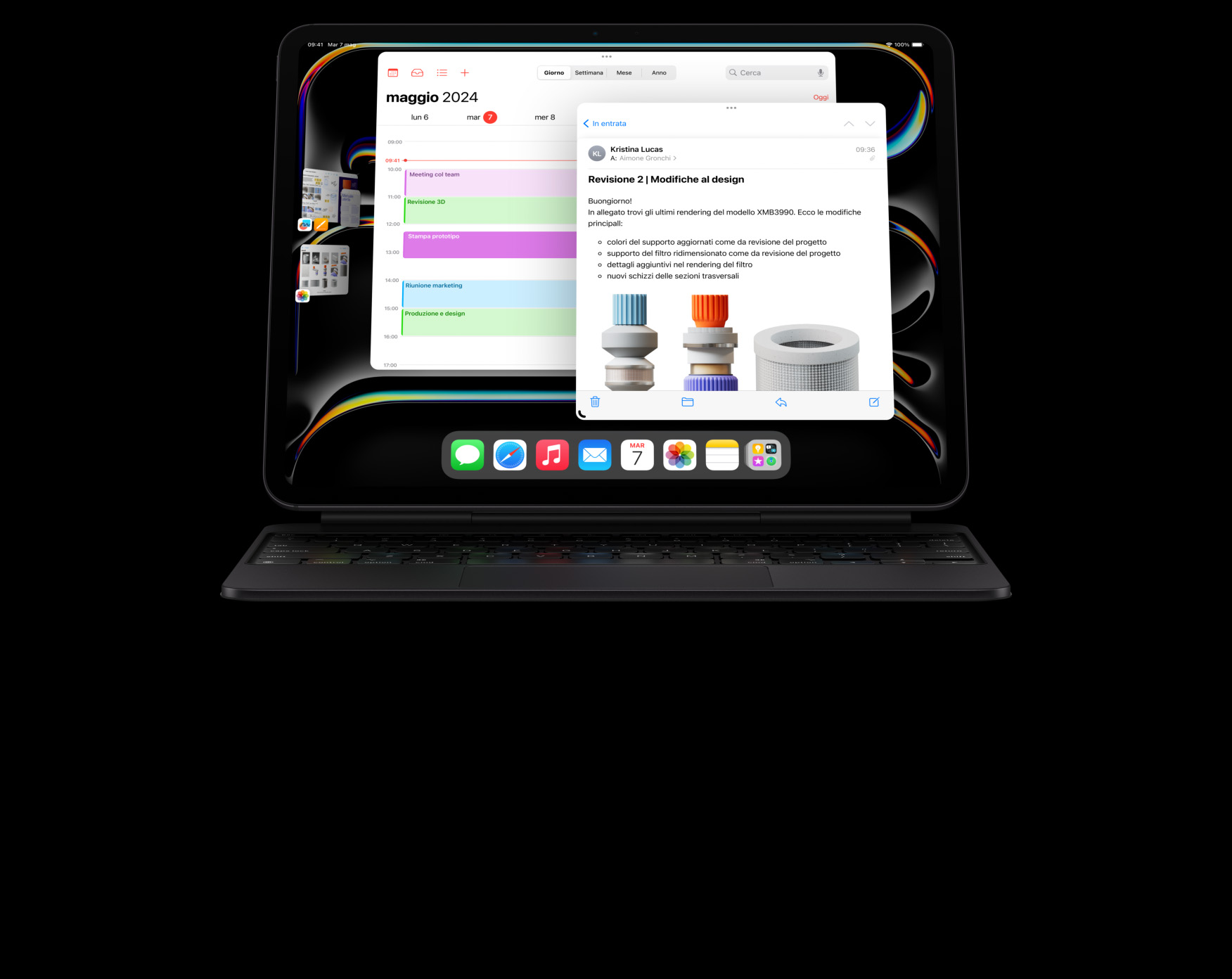 Un iPad Pro in orizzontale agganciato a una Magic Keyboard, il display mostra che l’utente sta lavorando con varie app