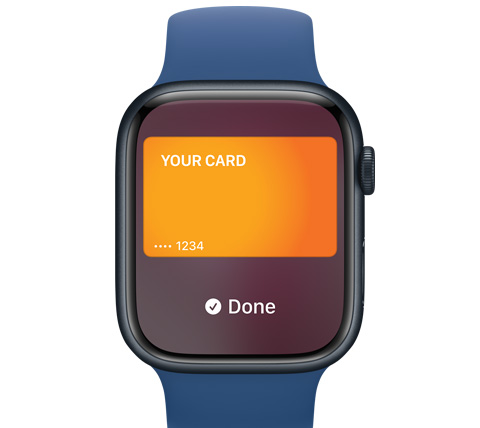 Apple Watch priekšpuses skats. Ar Apple Pay veikta apmaksa.