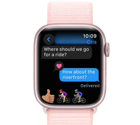 A front view of an Apple Watch with a text message.