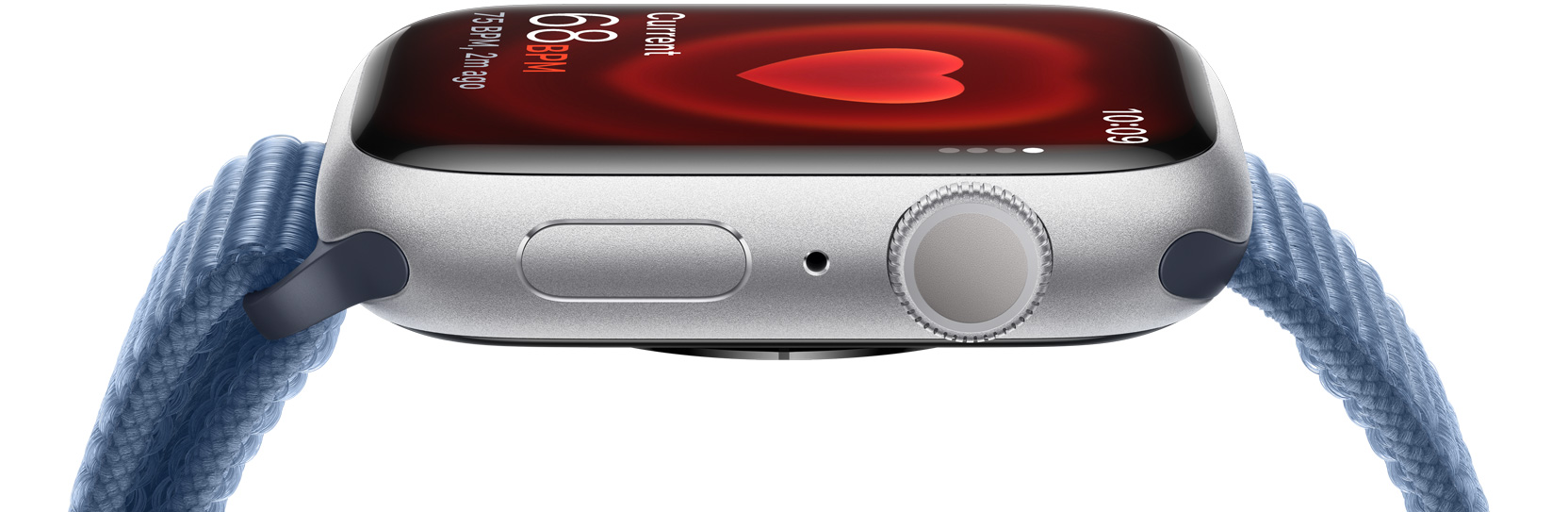 Bočný pohľad na Apple Watch znázorňujúce niekoho srdcovú frekvenciu