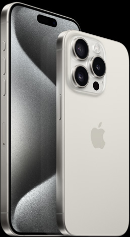 Pohľad spredu na 6,7″ iPhone 15 Pro Max a pohľad zozadu na 6,1″ iPhone 15 Pro z bieleho titánu