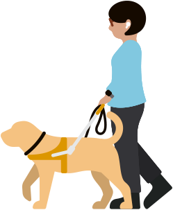 Kvinde med nedsat syn, der bruger AirPods og går med sin førerhund