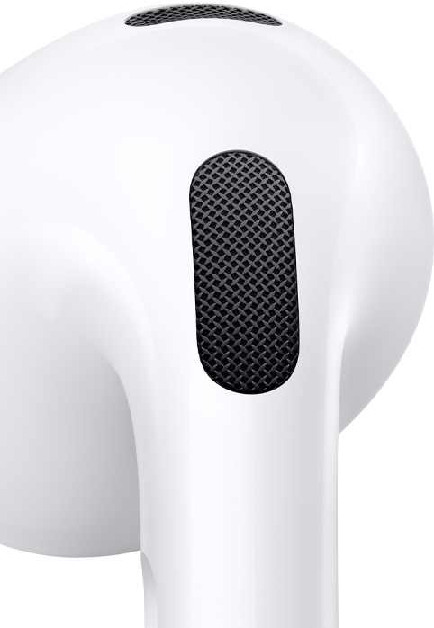 Gambar close-up mikrofon di bagian luar earbud AirPods.