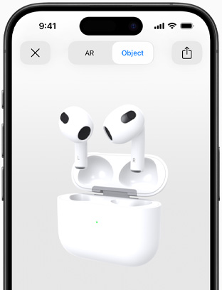 Layar menunjukkan AirPods (generasi ke-3) ditampilkan dalam augmented reality di iPhone.