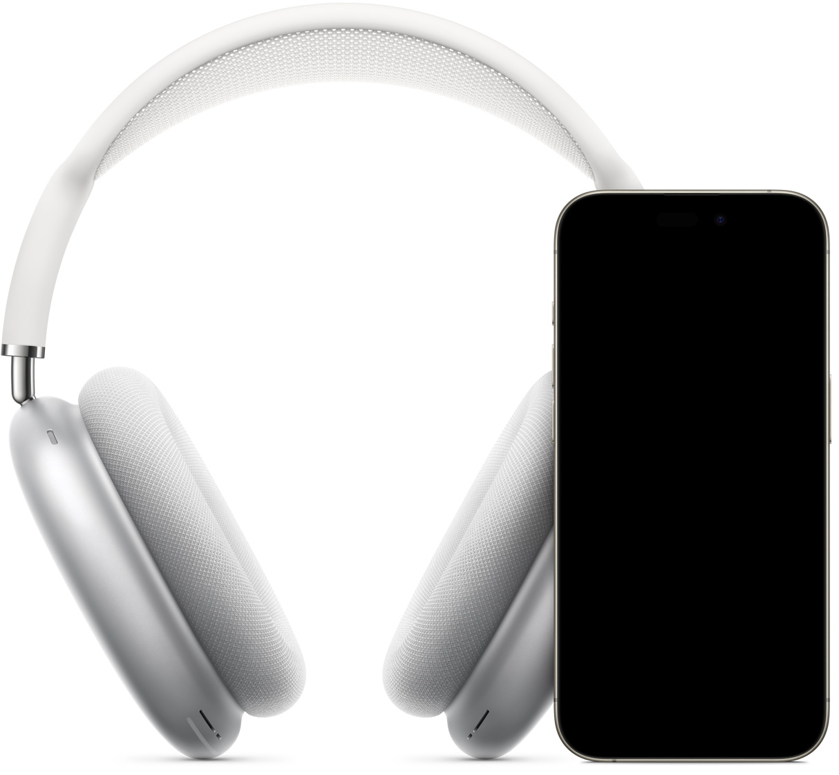 Ekranında hızlı kurulum ekranı açık olan ve tıklandığında telefonu AirPods Max ile eşleştirecek Bağlan düğmesi bulunan iPhone ve arkasında Gümüş Rengi AirPods Max.