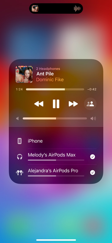 Obraz przedstawia ekran iPhone’a z widoczną kartą udostępniania dźwięku.