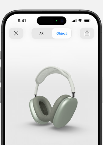 Изображение с AirPods Max в зелено в екран с добавена реалност на iPhone.