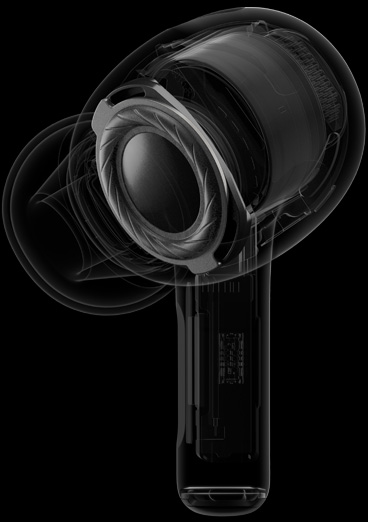 Røntgenillustration af AirPods Pro, der fremhæver den specialudviklede driver og forstærker placeret tæt på øretelefonens højttaler.