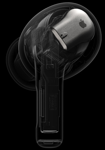 เห็นภายใน AirPods Pro แบบโปร่งใส และไฮไลท์ชิป H2 ซึ่งอยู่ด้านหลังของหูฟังให้เด่นชัด