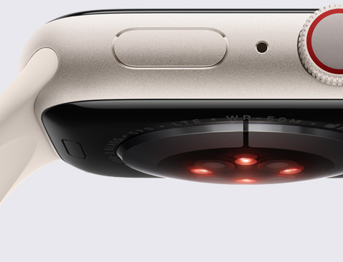 Et billede af undersiden på et Apple Watch, der viser en sensor.