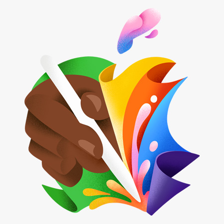 Curved paper in green, yellow, orange and blue form the Apple logo. Inside the logo, a creator’s hand holds an Apple Pencil positioned to draw. The tip is pressed into the bottom of the logo, springing forth lively splashes of orange and pink that ripple upwards. The stem of the Apple logo is a droplet of pink, blue and purple that floats above.