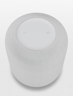 Der HomePod in Weiss auf dem Display eines iPhone in AR Ansicht.