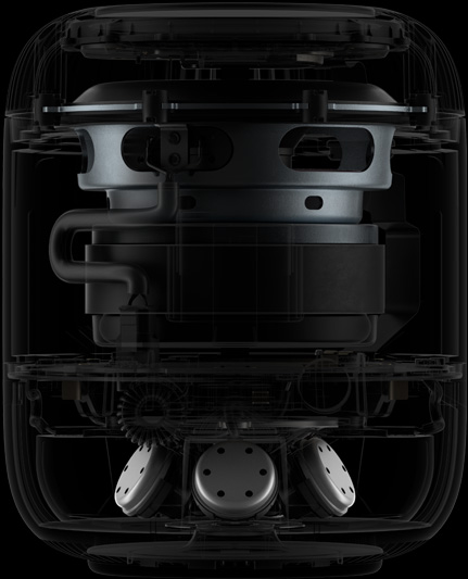 Vista lateral del interior de un HomePod en la que se aprecian sus componentes principales