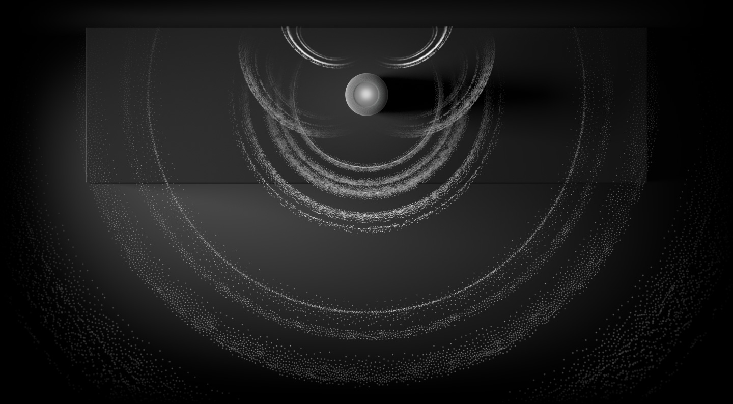 空間オーディオを視覚化した図。HomePodと、HomePodから放出されたサウンドの粒子が波打つように広がる様子を上から見下ろしている。