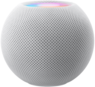 En hvid HomePod mini under farverige pixels i bevægelse, som former ordet “mini”.
