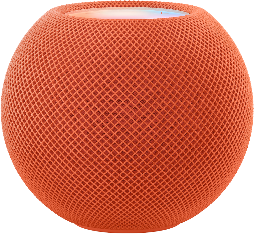 En HomePod mini i oransje under fargerike piksler i bevegelse som former ordet «mini».