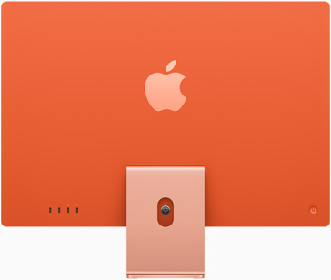 Vista trasera de un iMac naranja con el logo de Apple en el centro, sobre la base