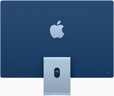 Zila iMac aizmugure ar Apple logotipu centrā virs statīva
