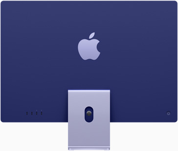 Violeta iMac aizmugure ar Apple logotipu centrā virs statīva
