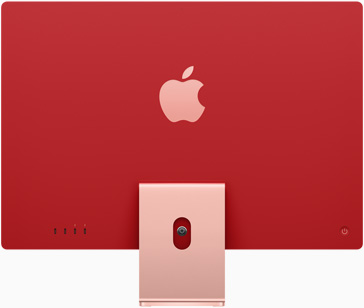 Rozā iMac aizmugure ar Apple logotipu centrā virs statīva