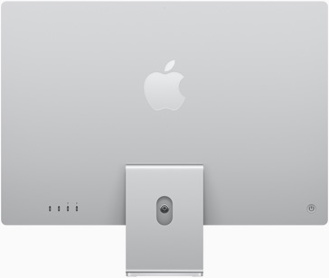 Partea din spate a computerului iMac cu logoul Apple, centrat deasupra suportului, pe Argintiu