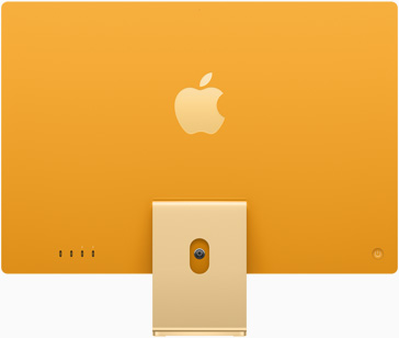 Vista trasera de un iMac amarillo con el logo de Apple en el centro, sobre la base