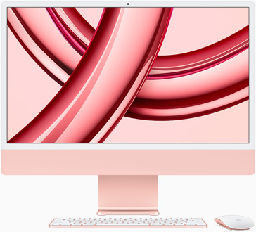 Vista frontal de un iMac rosado con la pantalla hacia el frente