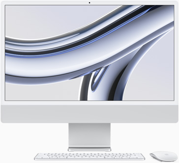 Ο iMac, με την οθόνη στραμμένη προς τα εμπρός, σε ασημί χρώμα