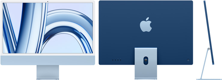 藍色 iMac 的正面、背面和側面圖
