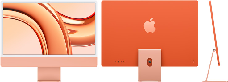 橙色 iMac 的正面、背面和側面圖
