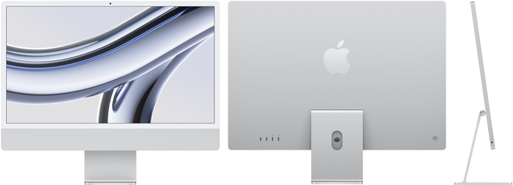 銀色 iMac 的正面、背面和側面圖
