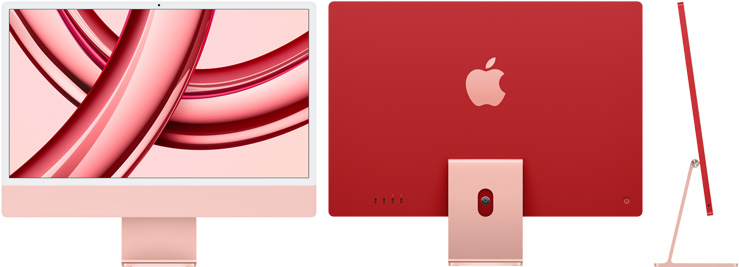 粉紅色 iMac 的正面、背面和側面圖