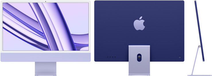 紫色 iMac 的正面、背面和側面圖