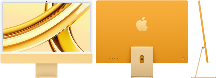 黃色 iMac 的正面、背面和側面圖