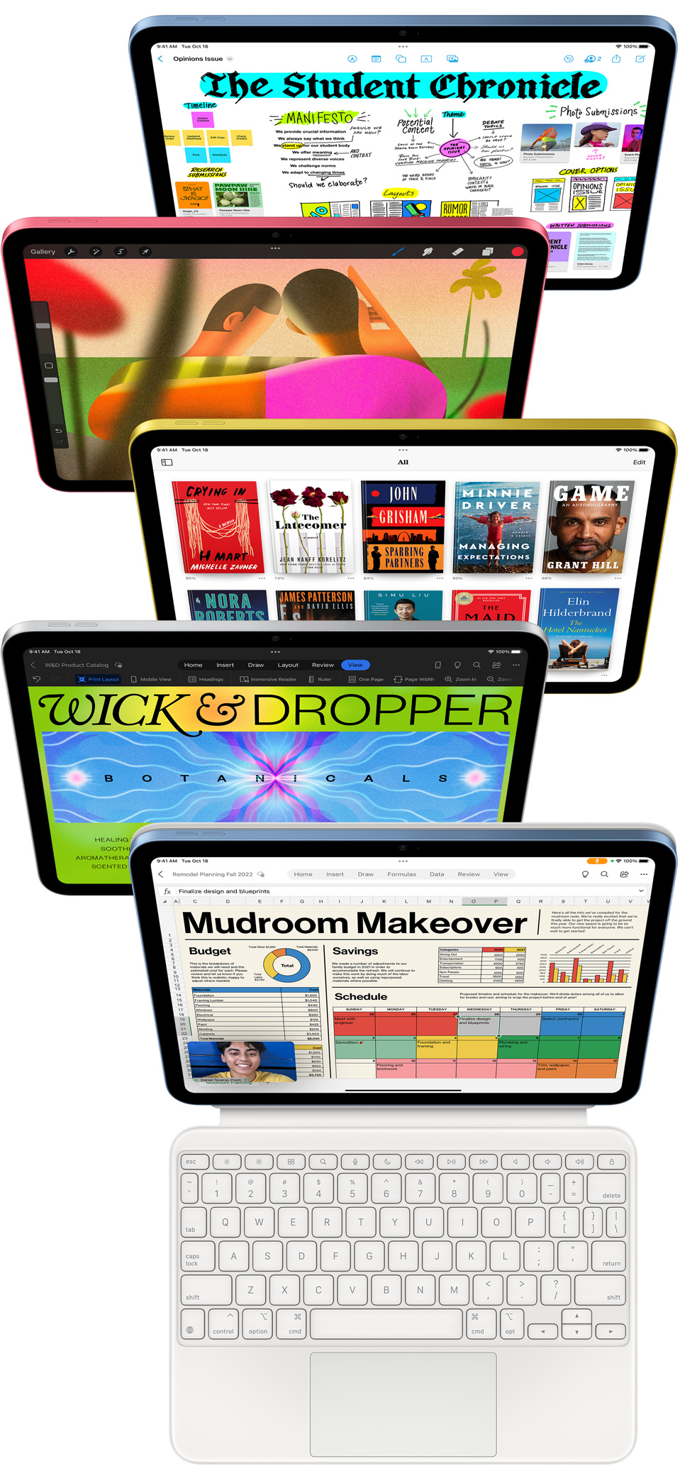 Front facing iPad screens show a variety of Apple apps and App Store apps.