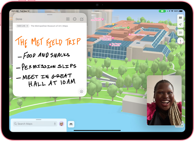 Rýchla poznámka v Mapách a miniatúra hovoru cez FaceTime na iPade.