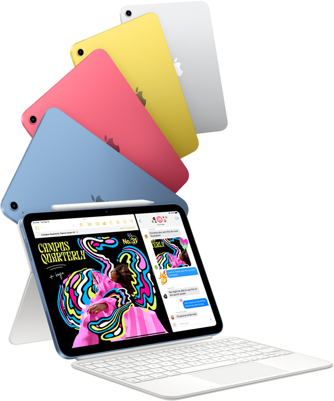 iPad i blått, rosa, gult och silver samt en iPad som har fästs på Magic Keyboard Folio.